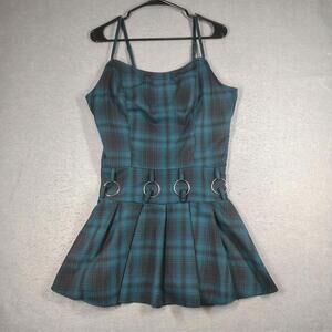 Social Collision Womens XL Teal Black Plaid Alt Grunge O Ring Mini Dress Skaters